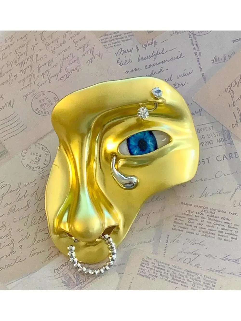 Avant Garde Surrealist Half Face Blue Eye Tear Drop Vintage Brooch Statement Pin